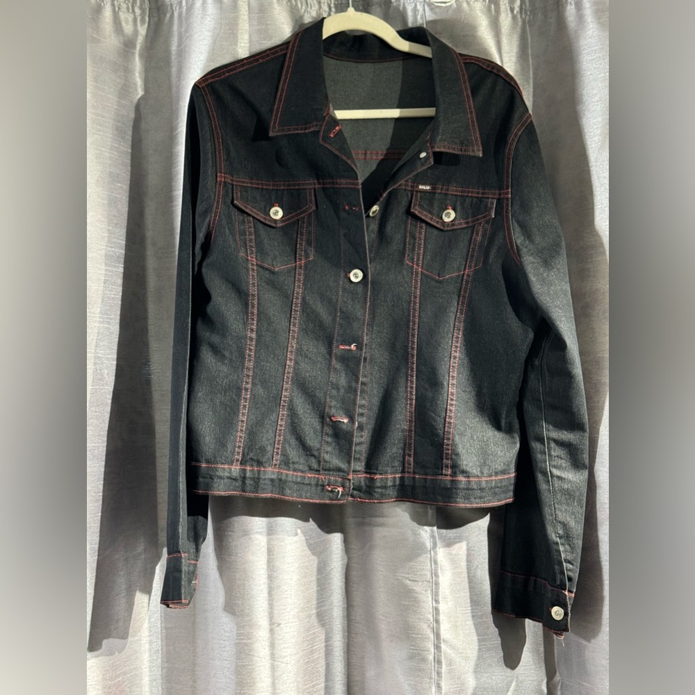Solid Black Jean Jacket with Red Stiching